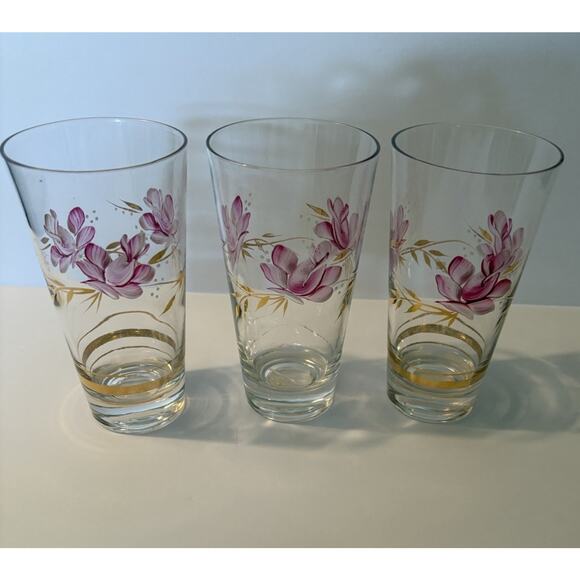 3 Vintage Hand Painted Drinking Glasses Purple Flowers Gold Leaves Tumbler - Picture 2 of 16